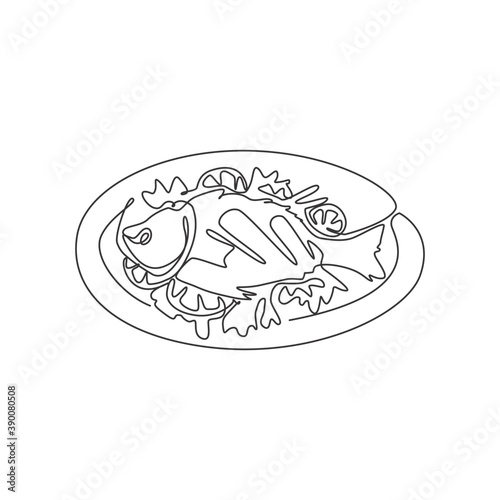 One continuous line drawing fresh delicious baked sea fish on plate restaurant logo emblem. Seafood menu cafe shop logotype template concept. Modern single line draw design vector graphic illustration