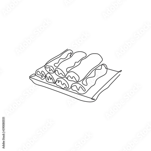 Single continuous line drawing of stylized Chinese spring roll logo label.  Asian snack restaurant menu concept. Modern one line draw design vector illustration for cafe, shop or food delivery service