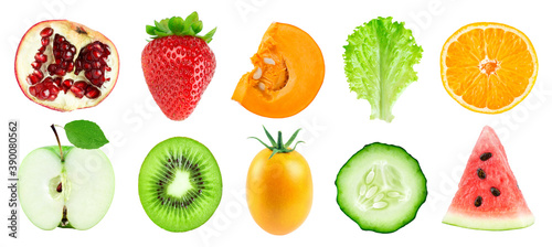 Collection of fruits and vegetables isolated on white background. Fresh food