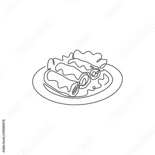One continuous line drawing of fresh delicious Chinese spring roll restaurant logo emblem. Asian food cafe shop logotype template concept. Modern single line draw design vector graphic illustration