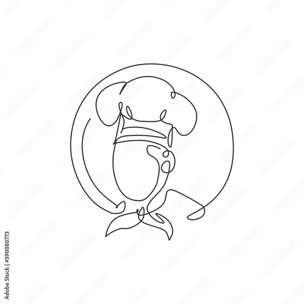 Obraz premium One single line drawing of chef man character for restaurant logo vector graphic illustration. Food cafe mascot badge concept. Modern continuous line draw design five star restaurant hotel logotype