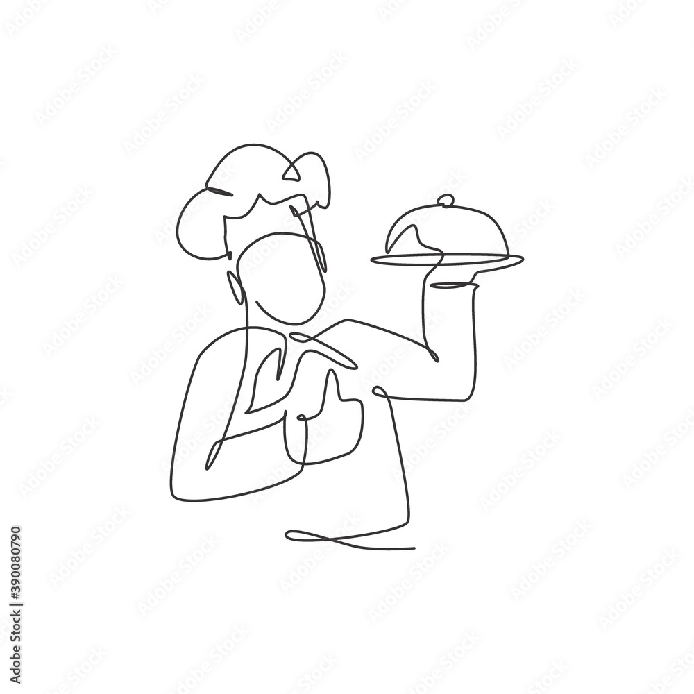One continuous line drawing of man chef character posed thumbs up gesture for restaurant logo emblem. Food cafe shop logotype template concept. Modern single line draw design vector illustration One continuous line drawing of man chef character posed thumbs up gesture for restaurant logo emblem. Food cafe shop logotype template concept. Modern single line draw design vector illustration
