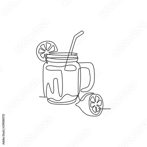 One single line drawing of fresh lemonade ice on jar glass with sliced lemon vector illustration graphic. Cafe menu and restaurant badge concept. Modern continuous line draw art design