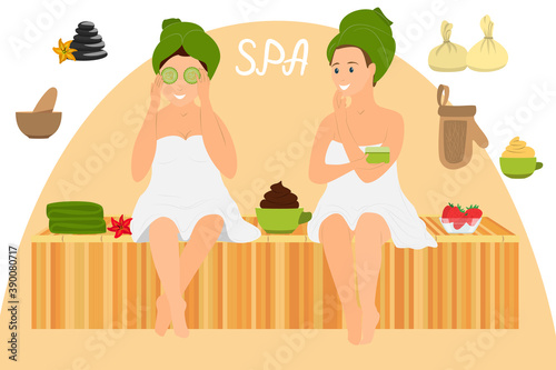 Two women are sitting on a wooden bench in the sauna. Beauty treatments in the spa salon. Relaxation, body care, health restoration together. A set of items for cosmetology.