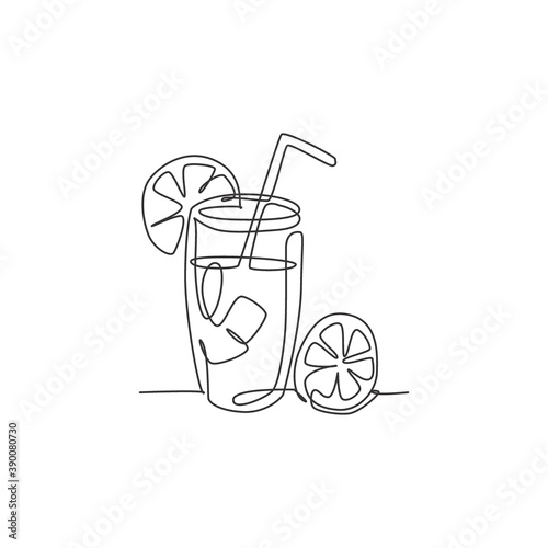 One continuous line drawing of fresh delicious lemonade ice with sliced lemon for restaurant menu. Drink cafe shop logotype template concept. Modern single line draw design vector graphic illustration