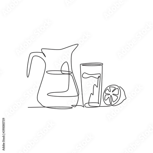 Single continuous line drawing of fresh stylized lemonade ice with sliced lemon. Restaurant drink menu concept. Modern one line draw design vector illustration for cafe, shop or food delivery service