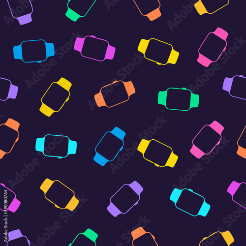 seamless pattern of colored smartwatch icons in glyph design style isolated on purple background. modern colorful wallpaper with clocks for decoration. stock vector Illustration