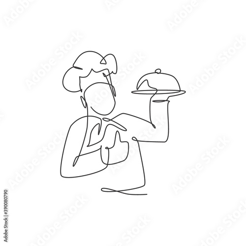 One continuous line drawing of man chef character posed thumbs up gesture for restaurant logo emblem. Food cafe shop logotype template concept. Modern single line draw design vector illustration