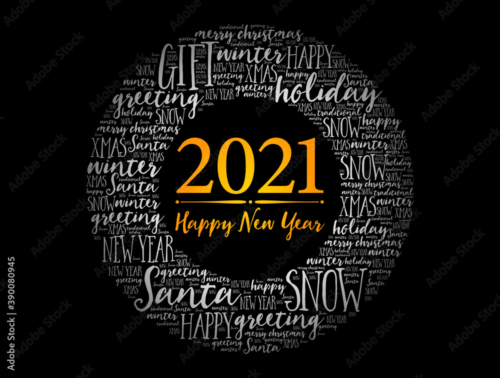 Fototapeta premium 2021 Happy New Year. Christmas background word cloud, holidays lettering collage