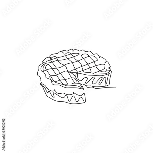 One continuous line drawing of fresh delicious American apple pie for pastry shop logo emblem. Traditional cake for celebration template concept. Modern single line draw design vector illustration