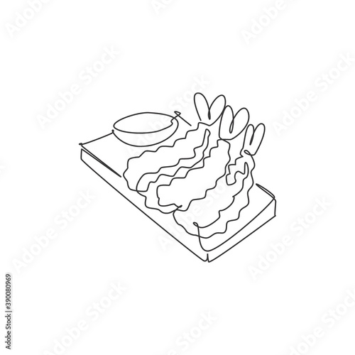 Single continuous line drawing of stylized crunchy Japan tempura logo label. Emblem seafood restaurant concept. Modern one line draw design vector illustration for cafe, shop or food delivery service