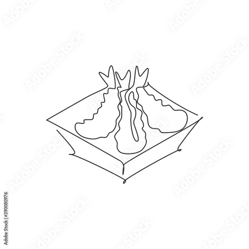 Single continuous line drawing of stylized Japanese prawn tempura logo label. Emblem seafood restaurant concept. Modern one line draw design vector illustration for cafe, shop or food delivery service