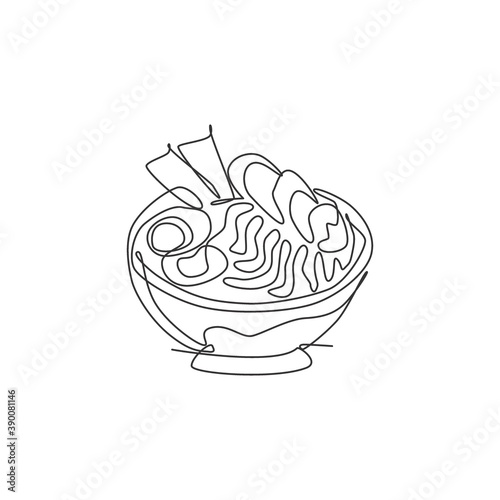 One single line drawing of fresh Japanese ramen logo graphic vector illustration. Fast food Japan noodle cafe menu and restaurant badge concept. Modern continuous line draw design street food logotype