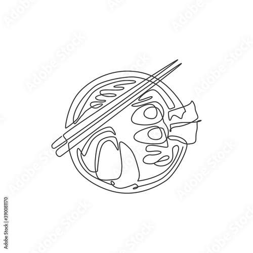 Single continuous line drawing of stylized Japanese ramen logo label, top view. Fast food noodle restaurant concept. Modern one line draw design vector illustration for cafe or food delivery service