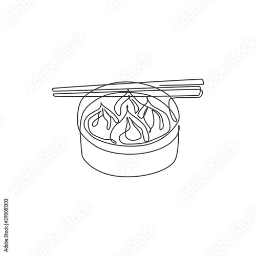 One continuous line drawing of fresh delicious Chinese dumpling restaurant logo emblem. Asian food cafe shop logotype template concept. Modern single line draw design vector illustration graphic