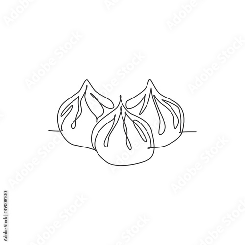 Single continuous line drawing of stylized Chinese dumpling logo label. Asian mantou restaurant graphic concept. Modern one line draw design vector illustration for cafe, shop or food delivery service