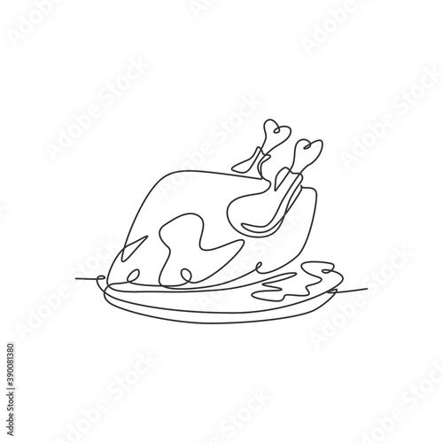 One single line drawing of fresh hot roasted turkey for restaurant menu vector graphic illustration. Typical food for festival holiday celebration concept. Modern continuous line draw design