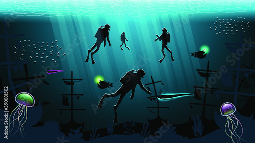Abstract Blue Underwater Ocean Sea Nature Background Vector With Fish Shadows Seaweed DIvers Jellyfish And Ships