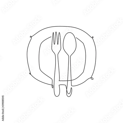 One single line drawing of plate, fork and spoon for restaurant logo vector graphic illustration. Luxury cafe badge concept. Modern continuous line draw design street food logotype