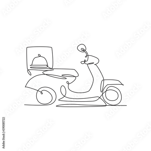 One single line drawing of motorcycle scooter with food box for food delivery service logo vector graphic illustration. Restaurant food delivery badge concept. Modern continuous line draw design