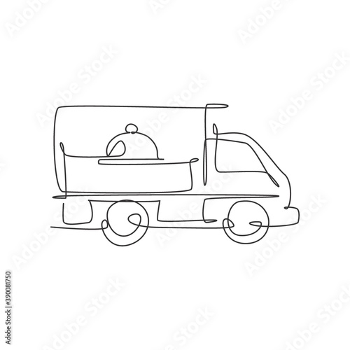 One continuous line drawing of box car with tray cover cloche for food delivery service logo emblem. Fast food cafe shop logotype template concept. Modern single line draw design vector illustration
