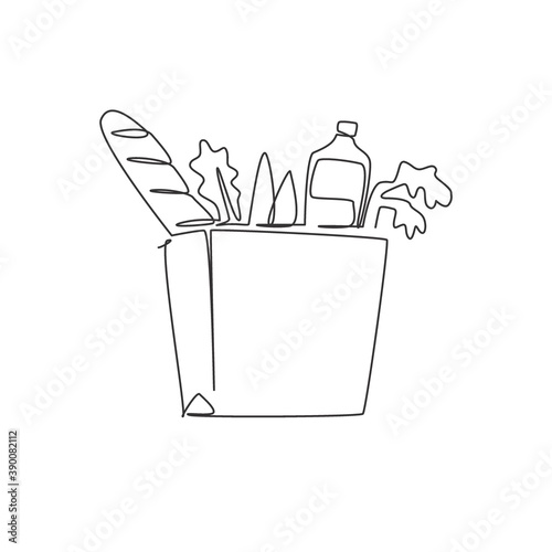 Single continuous line drawing of stylized paper grocery bag with baguette, bread, milk and vegetable inside. Staple food concept. Modern one line draw design vector illustration for grocery shop logo