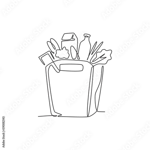 One single line drawing of fresh vegetables, milk, lettuce, carrot and bread vector graphic illustration. Daily staple food badge concept. Modern continuous line draw grocery store design