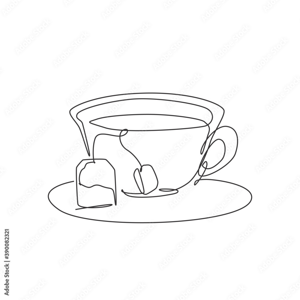 Vecteur Stock One continuous line drawing hot fresh glass cup of tea for tea  shop logo emblem. Tea with teabag and drink coaster logotype template  concept. Modern single line draw design graphic