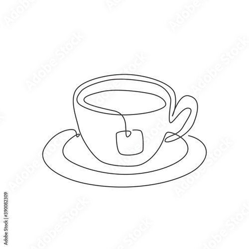Single continuous line drawing of stylized cup of tea with teabag and drink coasters. Emblem tea shop logo concept. Modern one line draw design vector graphic illustration for cafe and beverage store