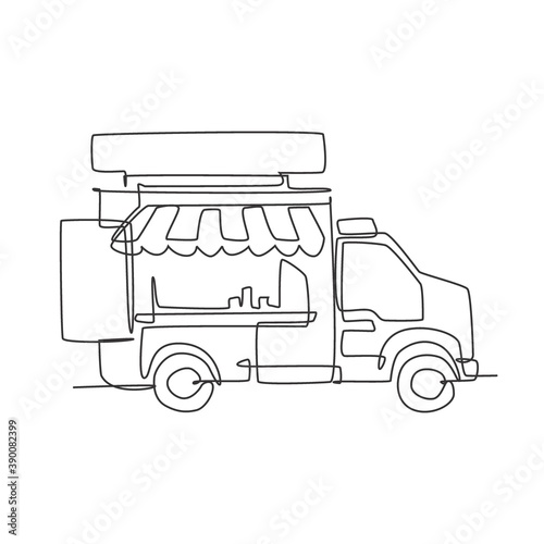 Single continuous line drawing of stylized food truck parking logo label. Mobile fast food restaurant concept. Modern one line draw design vector illustration for cafe, shop or food delivery service