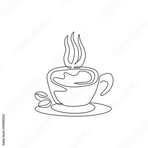 One continuous line drawing of fresh aromatic espresso cup of coffee logo emblem. Beverage coffee shop logotype template concept. Modern single line draw design cafe drink store vector illustration