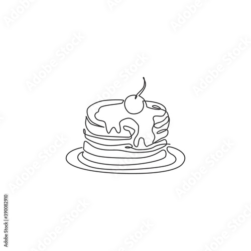 One continuous line drawing of fresh delicious American pancake with cherry restaurant logo emblem. Breakfast cafe shop logotype template concept. Modern single line draw design vector illustration