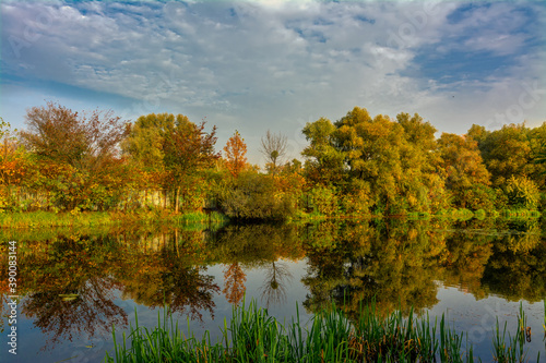 The lake is surrounded by beautiful autumn trees. © Mykhailo