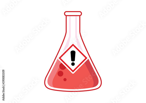 Laboratory chemical beaker with toxic liquid and hazard symbol icon vector. Dangerous symbol with exclamation mark icon. Glass container with red poisonous liquid clip art
