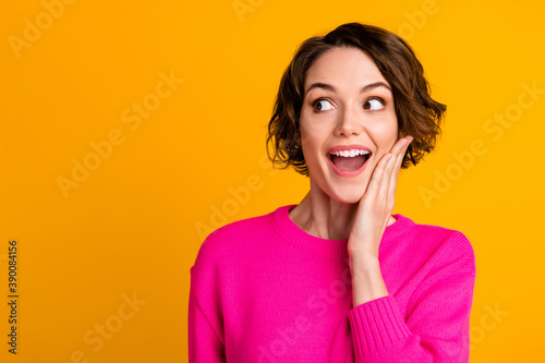 Portrait of astonished girl look copyspace touch hand face wear jumper isolated bright color background © deagreez