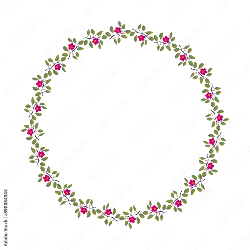 Floral wreath, branches with leaves and bright magenta flowers on white. Vector illustration, design for poster, banner, invitation, book, fashion fabric, wrapping.