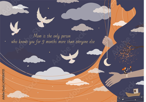 Mother's Day card with beautiful pregnant woman outdoor, vector illustration