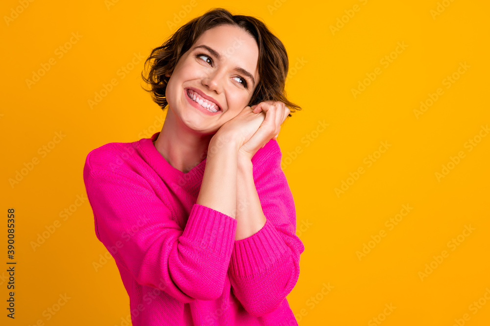 Portrait of candid girl feel grateful enjoy look copyspace wear pullover isolated over shine color background Portrait of candid girl feel grateful enjoy look copyspace wear pullover isolated over shine color background