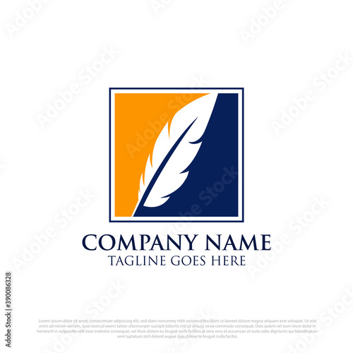 justice legal consultant logo concept in feather and square element. Premium Vector