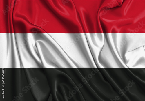 Yemen , national flag on fabric texture. International relationship.