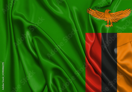 Zambia , national flag on fabric texture. International relationship.