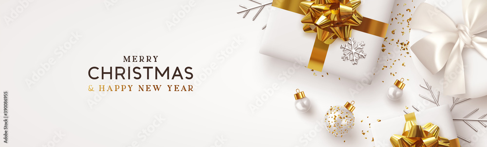 Christmas banner. Background Xmas design of realistic white gift box, silver 3d render snowflake and glitter gold confetti, bauble ball. Horizontal christmas poster, greeting card, headers for website - obrazy, fototapety, plakaty 