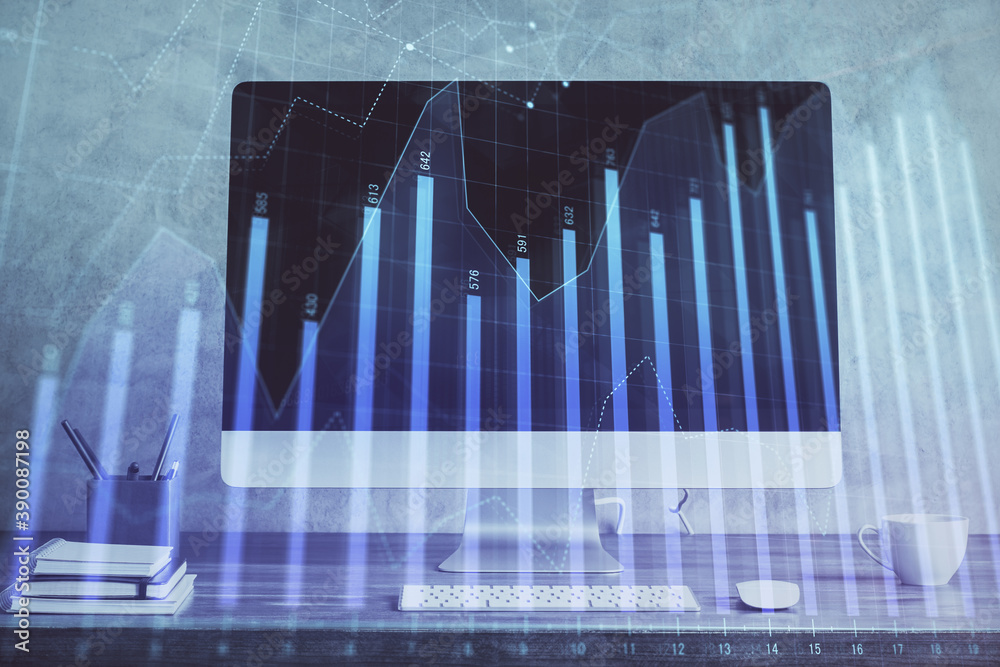 Forex Chart hologram on table with computer background. Multi exposure. Concept of financial markets. Forex Chart hologram on table with computer background. Multi exposure. Concept of financial markets.