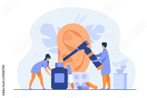 Tiny doctors treating or examining patients ear, using otology tool, carrying bottles and blisters with pills. Vector illustration for otolaryngology, health care, hearing loss concept