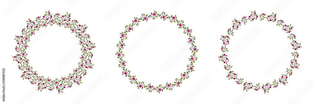 Set of floral wreaths, branches with leaves and bright magenta flowers on white. Vector illustration, design for poster, banner, invitation, book, fashion fabric, wrapping. Set of floral wreaths, branches with leaves and bright magenta flowers on white. Vector illustration, design for poster, banner, invitation, book, fashion fabric, wrapping.
