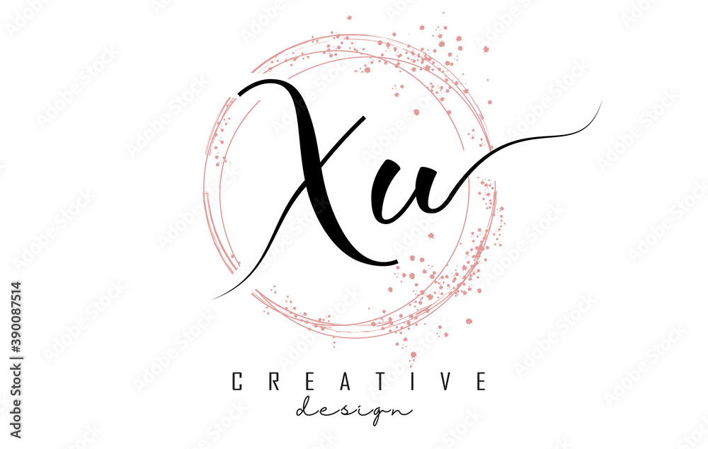 Handwritten XU X U letter logo with sparkling circles with pink glitter. Handwritten XU X U letter logo with sparkling circles with pink glitter.