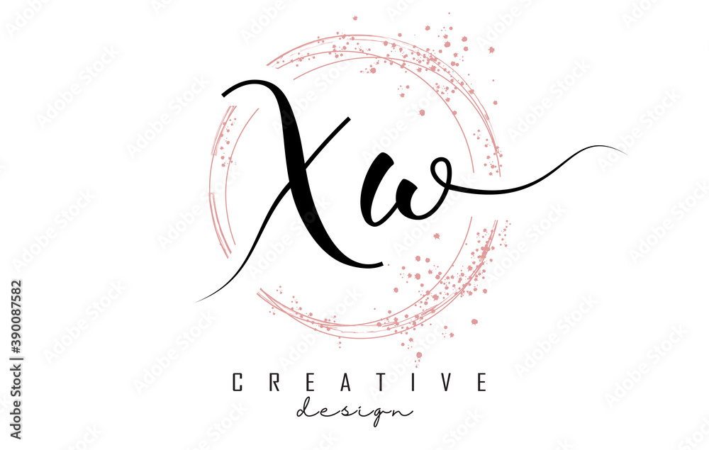 Handwritten XW X W letter logo with sparkling circles with pink glitter. Handwritten XW X W letter logo with sparkling circles with pink glitter.