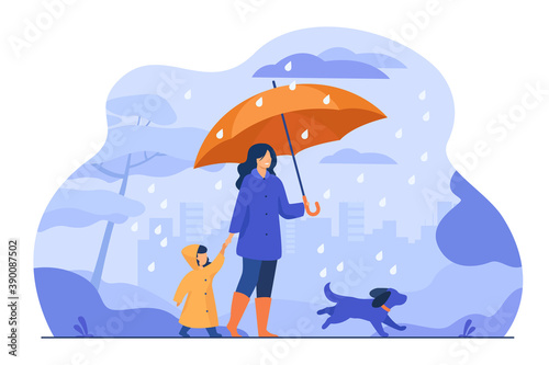 Woman with umbrella, girl in raincoat and dog walking in rain in city park. Vector illustration for family activity, bad weather, downpour concept