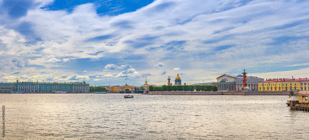 Panorama of Saint Petersburg Leningrad with Winter Palace, State Hermitage Museum, Palace Bridge across Neva river, Saint Isaac's Cathedral, Strelka Arrow of Vasilyevsky Island, Russia