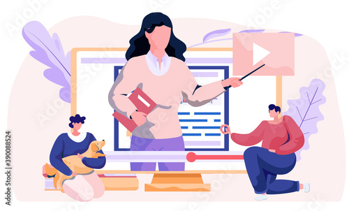 Woman training a dog basic commands with video tutorial on the computer vector illustration. Blog about keeping dogs at home. The girl sat down and hugging her funny brown puppy, feeding him a donut
